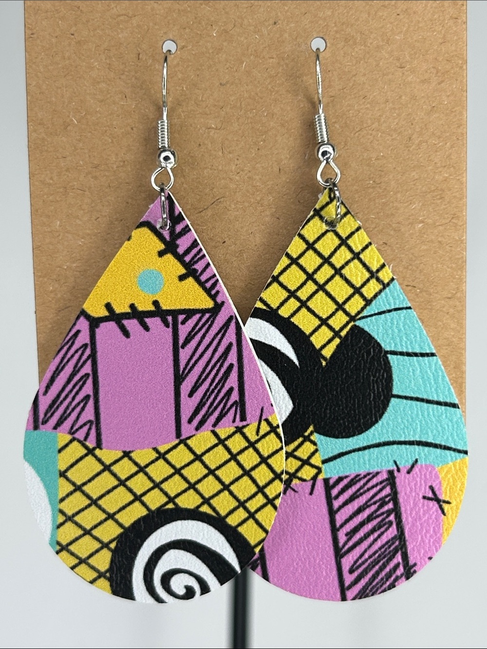 Sally’s Dress Print Nightmare Before Christmas Teardrop Faux Leather Earrings